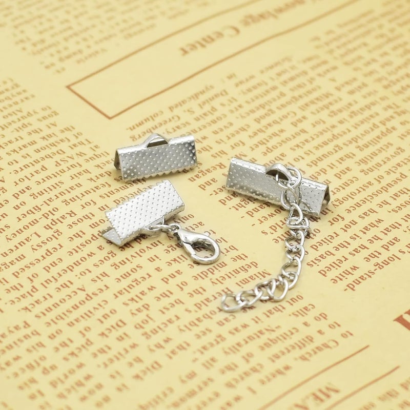 SHRJ Ribbon Crimp Clamp Ends Lobster Clasps Jump Rings Chain Extenders Bookmark Pinch Cord End Clasps with Tweezers for DIY Making Bookmark Pinch Bracelet Choker Necklace, Gold Silver - Image 5